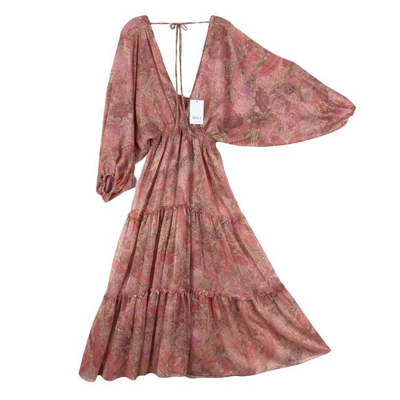 NWT MISA Los Angeles Dress M Pink Chiffon Paisley Fit&Flare Tiered 2-V”Stefanya - Picture 2 of 11